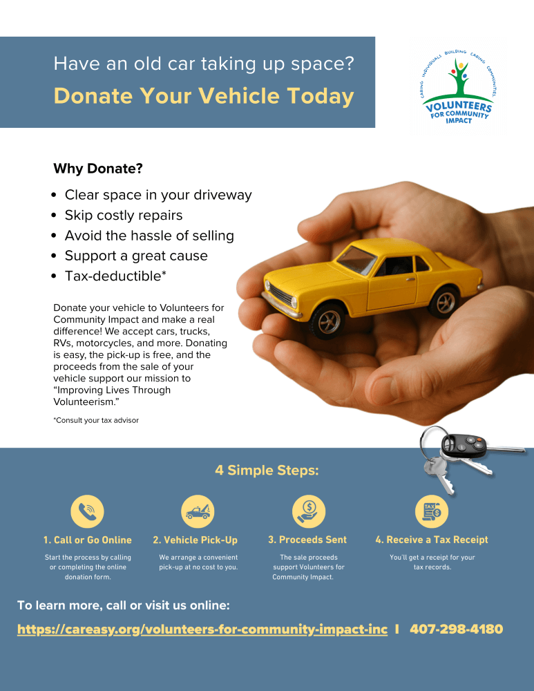 Donate your car or vehicle to Volunteers for Community Impact. Its easy! Help AmeriCorps Seniors Programs and our OTTER Program.